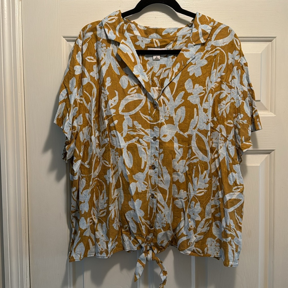Plus Size Tie Waist Linen Floral Button Up - Picture 3 of 6